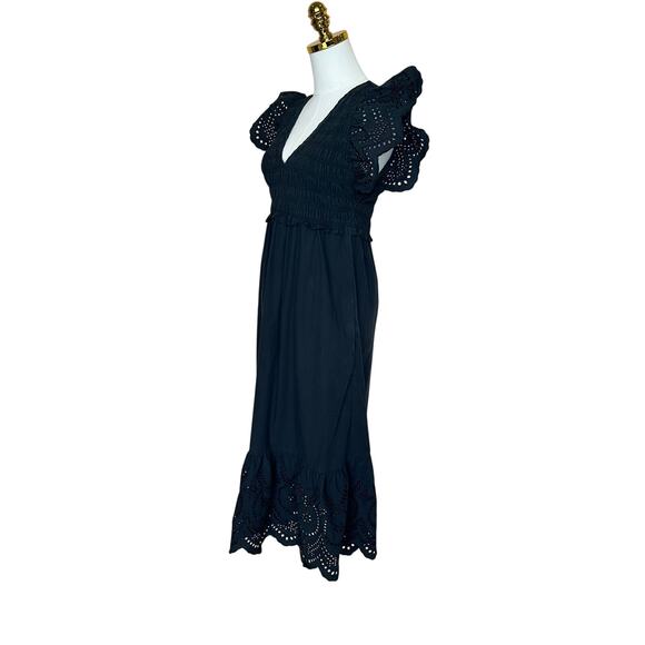 Rails Black Eyelet Midi Dress SMALL Smocked Cottage Ruffle Cotton Designer $268 - Picture 8 of 11